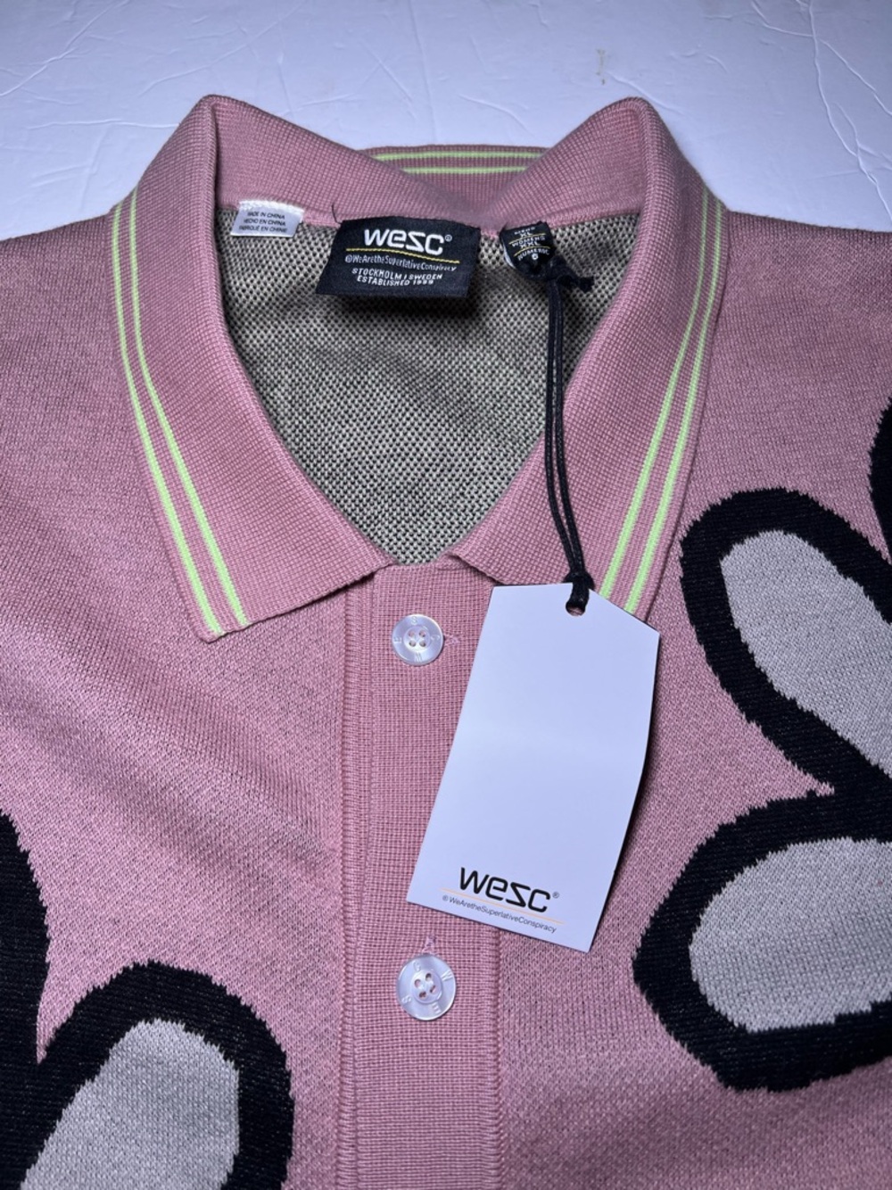 WESC Pink Floral-Intarsia Knit Polo with Lime Trim